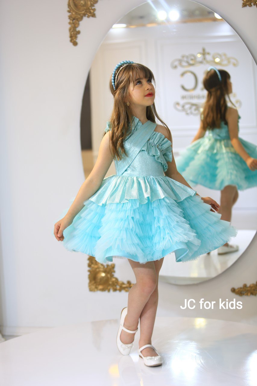 J&C Kids J&C - 419 Shimmering Aqua Blue Tiered Tulle Party Dress · Turkuaz toptan Kız Çocuk