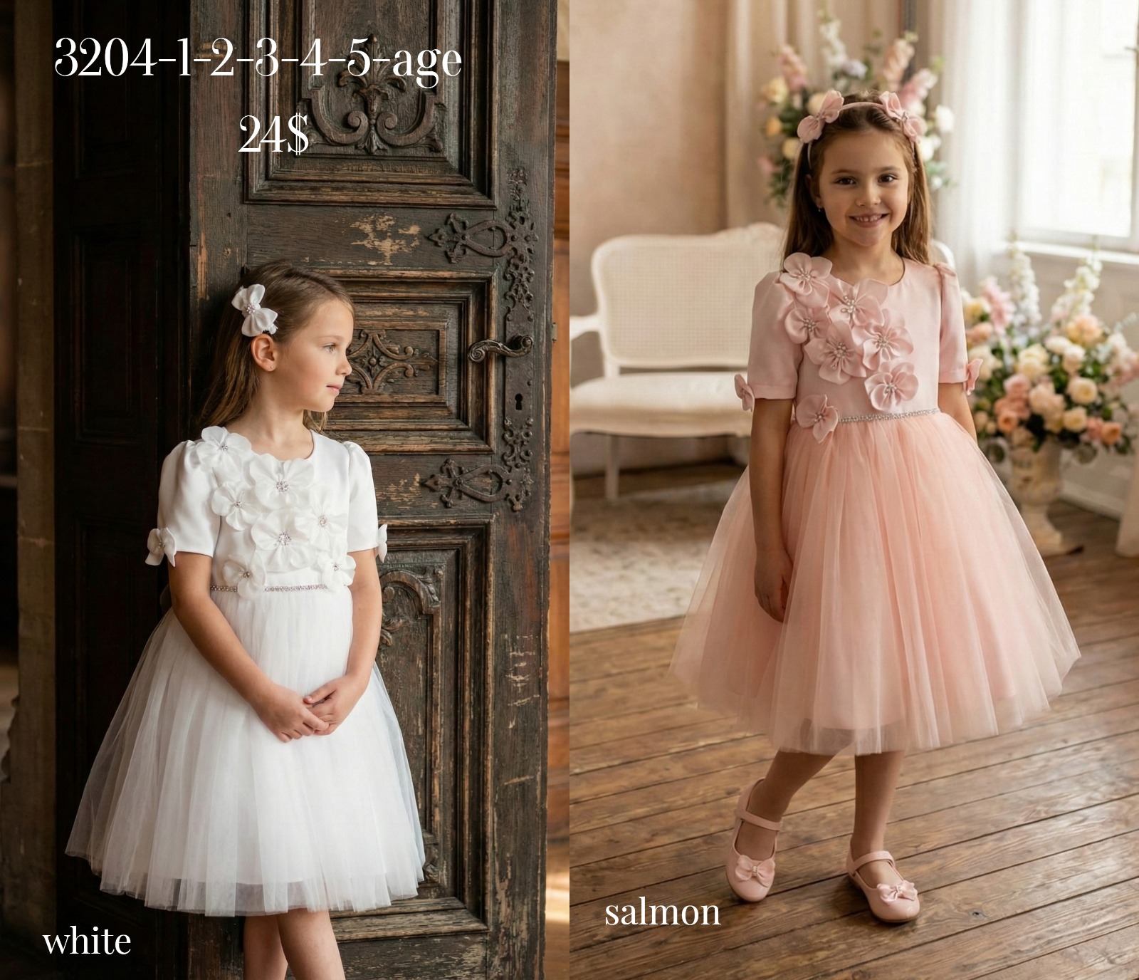 Liv Olivia Liv-3204 Rhinestone Floral Short Sleeve Girls Party Dress · Beyaz toptan Erkek Çocuk