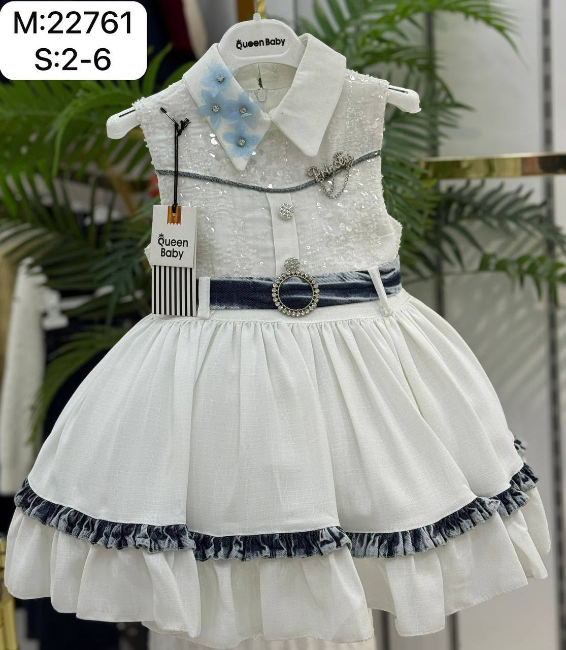 Queen Baby Queen-22761 Elegant White Sequin & Denim Party Dress · Beyaz toptan Kız Çocuk