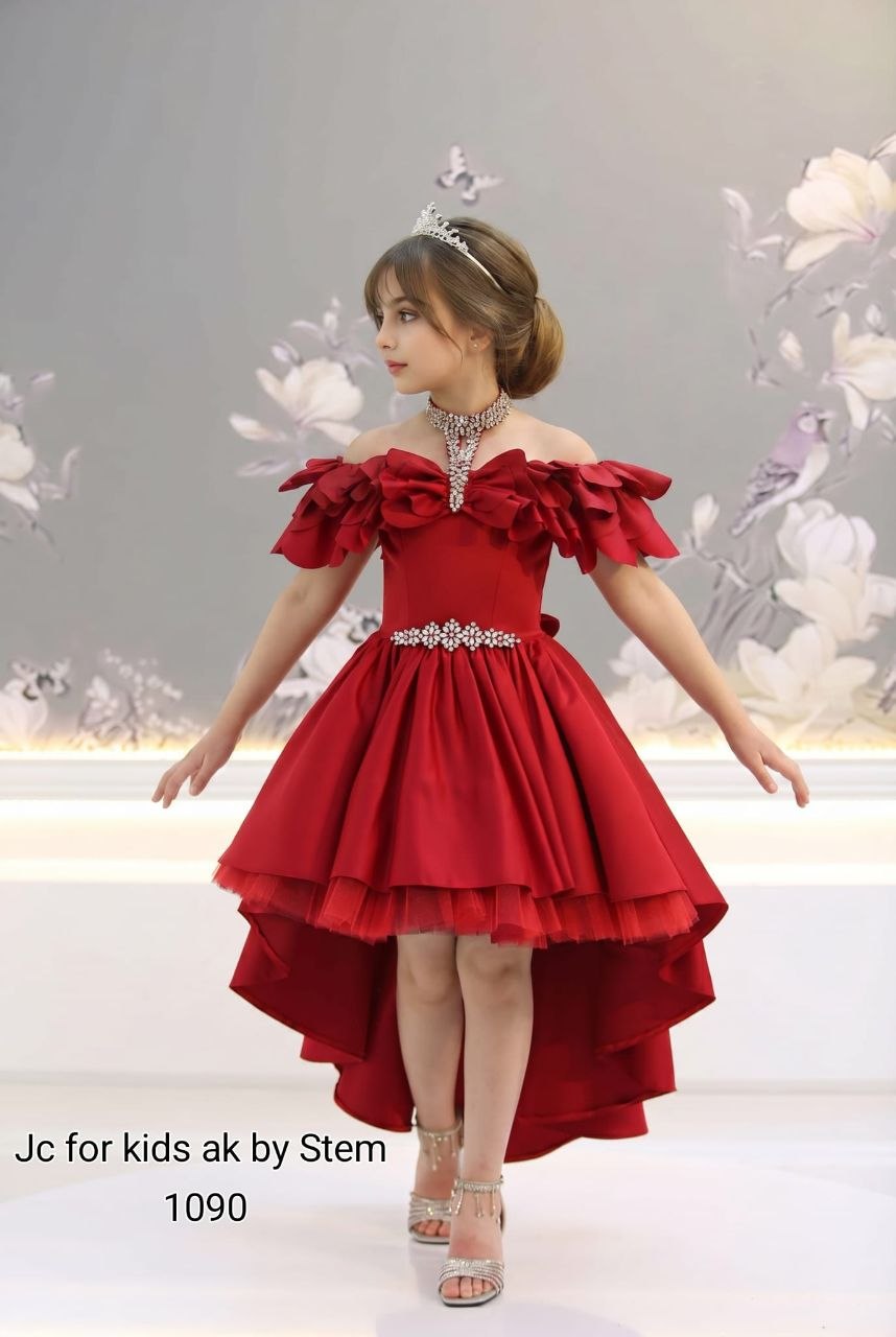 J&C Kids J&C-1090 Luxury Red High-Low Party Dress with Jeweled Choker · Kırmızı toptan Kız Çocuk