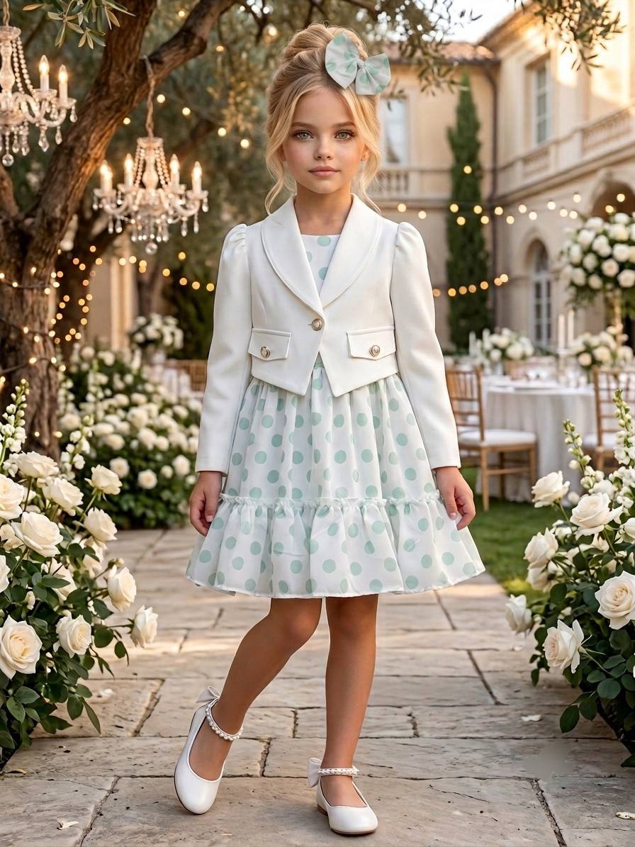 Bella Kids Polka-Dot Dress with White Blazer · Mint toptan Kız Çocuk