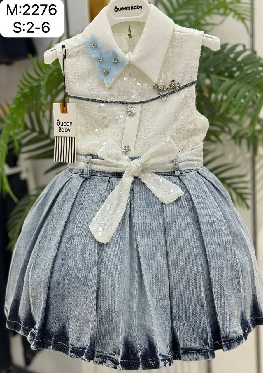 Queen Baby Queen-2276 Sequined Collar Top & Denim Skirt Party Dress · Açık mavi toptan Kız Çocuk