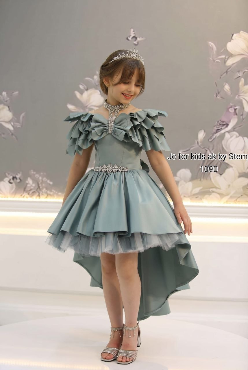 J&C Kids J&C-1090 Сұр-Жасыл Түсті Сәнді Мерекелік Көйлек · Mint toptan Kız Çocuk