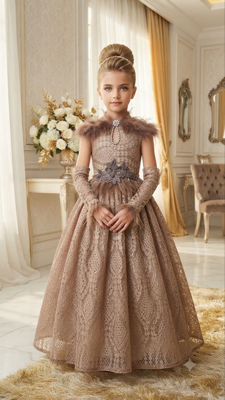 Vilda Kids Lace-up Shoulder Dress with Feathered Gloves · Açık mavi toptan Kız Çocuk