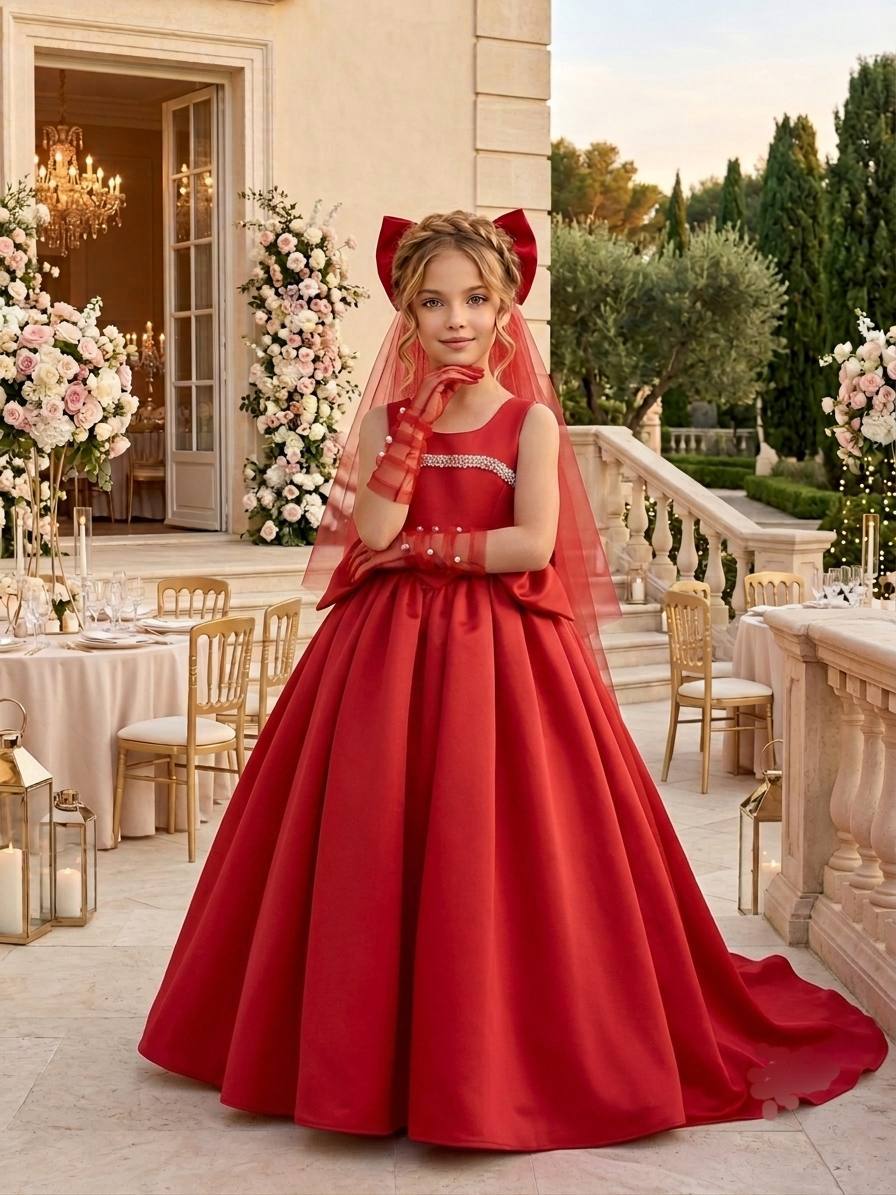 Bella Kids Satin Ball Gown with Veil · Beyaz toptan Kız Çocuk