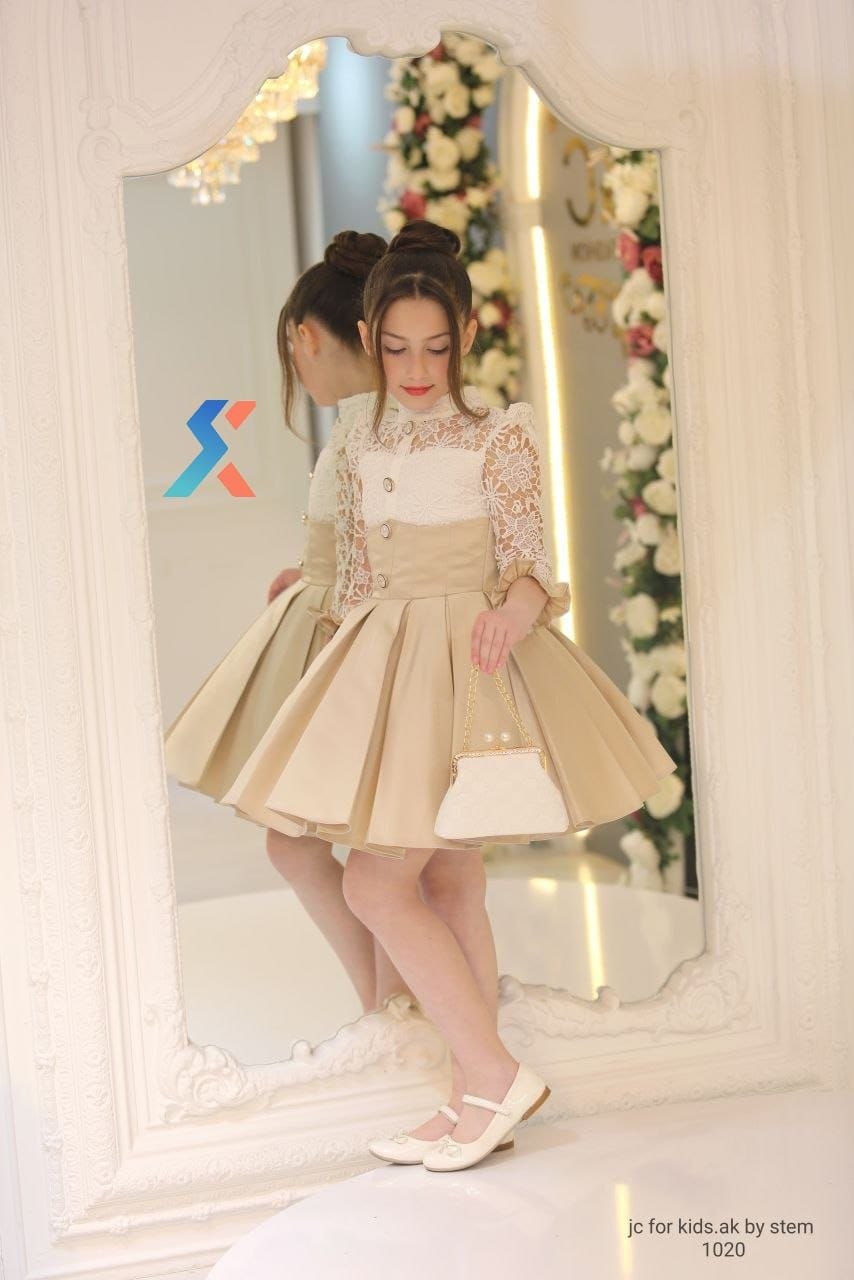 J&C Kids J&C-1020 Vestido Elegante de Renda e Cetim Bege com Bolsa · Bej toptan Kız Çocuk