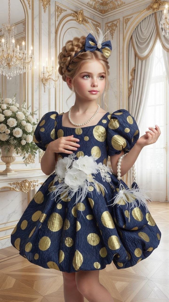 Vilda Kids Evening Dress with Balloon Sleeves, Polka Dot Pattern, and Buckle, and Bag · Açık mavi toptan Kız Çocuk