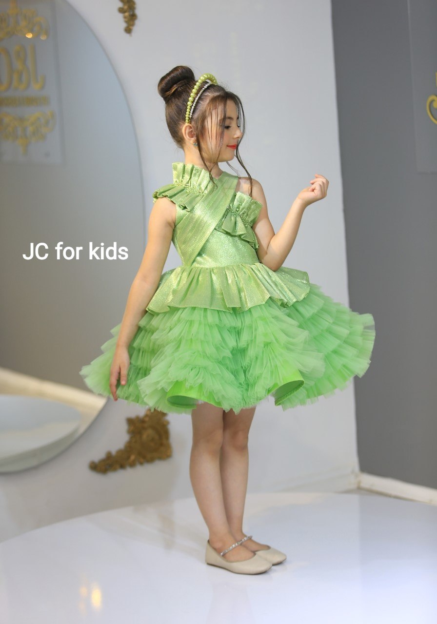 J&C Kids J&C -419 Shimmering Lime Green Tiered Tulle Party Dress · Yeşil toptan Kız Çocuk