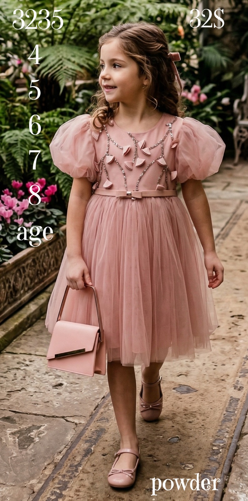Liv Olivia Liv-3235 Puff Sleeve Embellished Powder Girls Party Dress · Pudra toptan Kız Çocuk