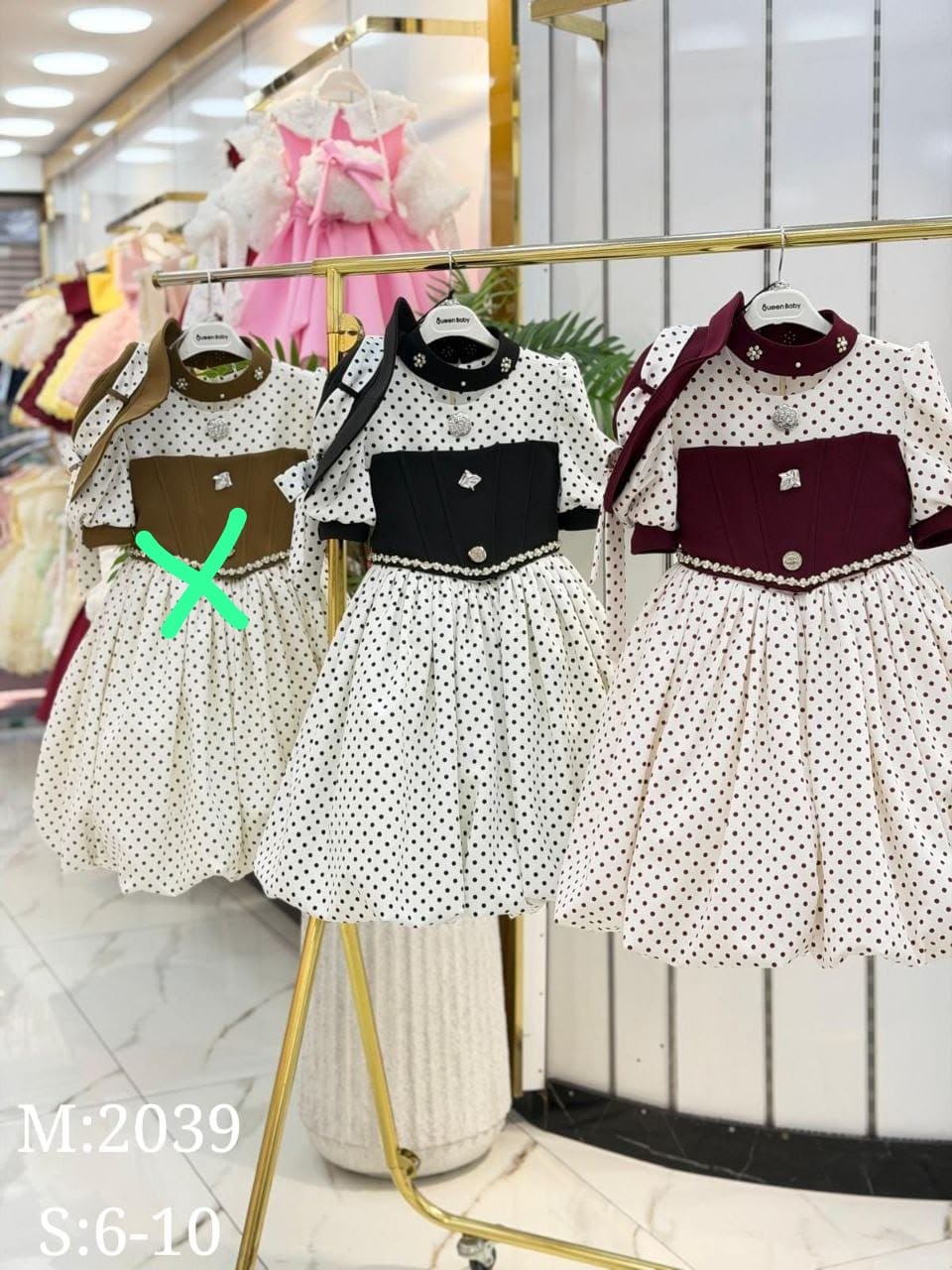 Queen Baby Queen-2039 Vestido Elegante de Lunares con Corsé y Perlas · Bordo toptan Kız Çocuk