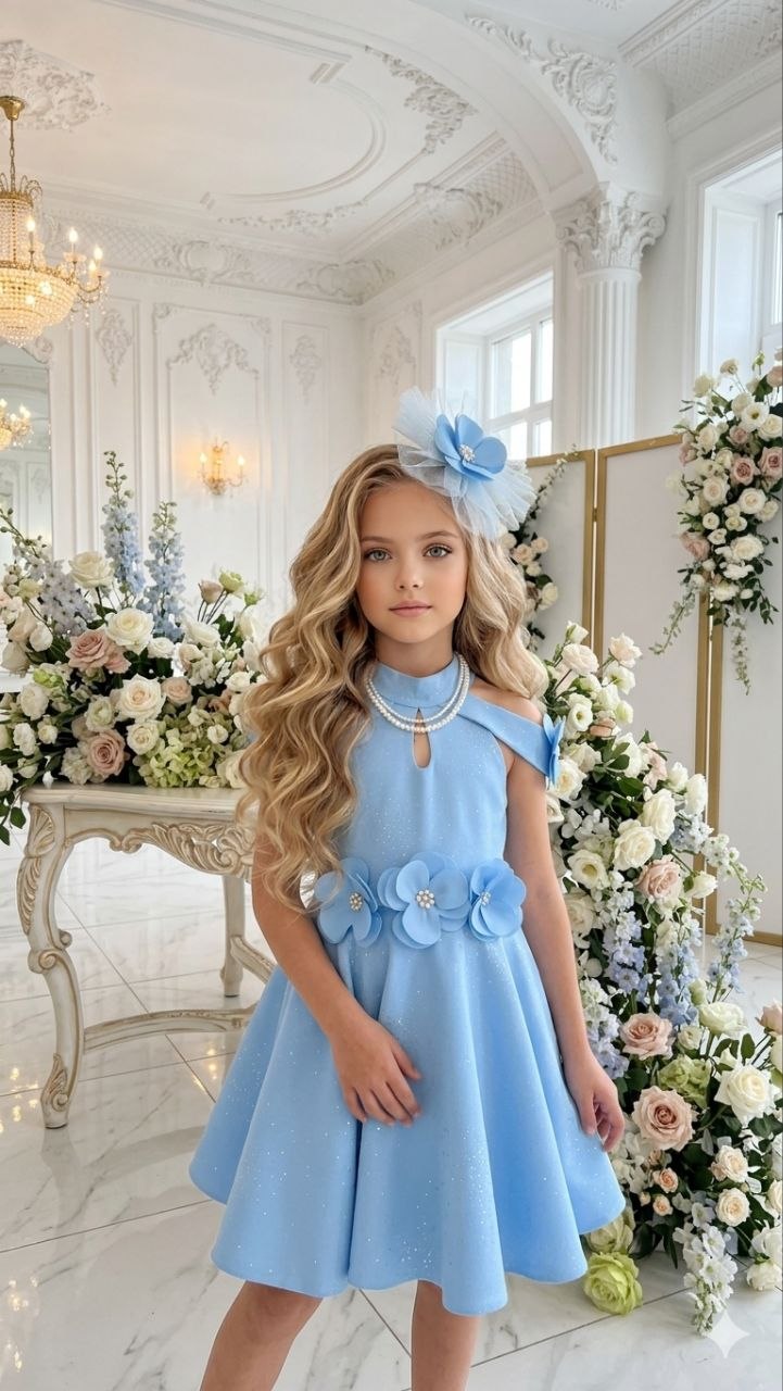 Vilda Kids Pearl Belted Floral Evening Dress · Açık mavi toptan Kız Çocuk