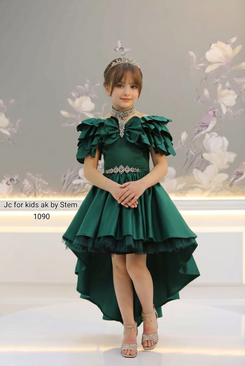 J&C Kids J&C-1090 Luxury Emerald Green High-Low Party Dress with Jeweled Choker · Yeşil toptan Kız Çocuk