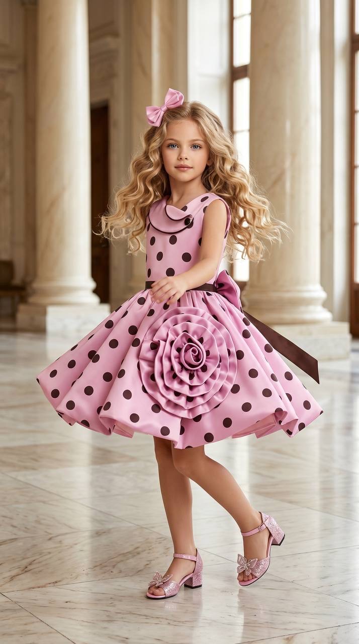 Kidy Love Polka-Dotted Dress with a Rose-Detailed Skirt · Bej toptan Kız Çocuk
