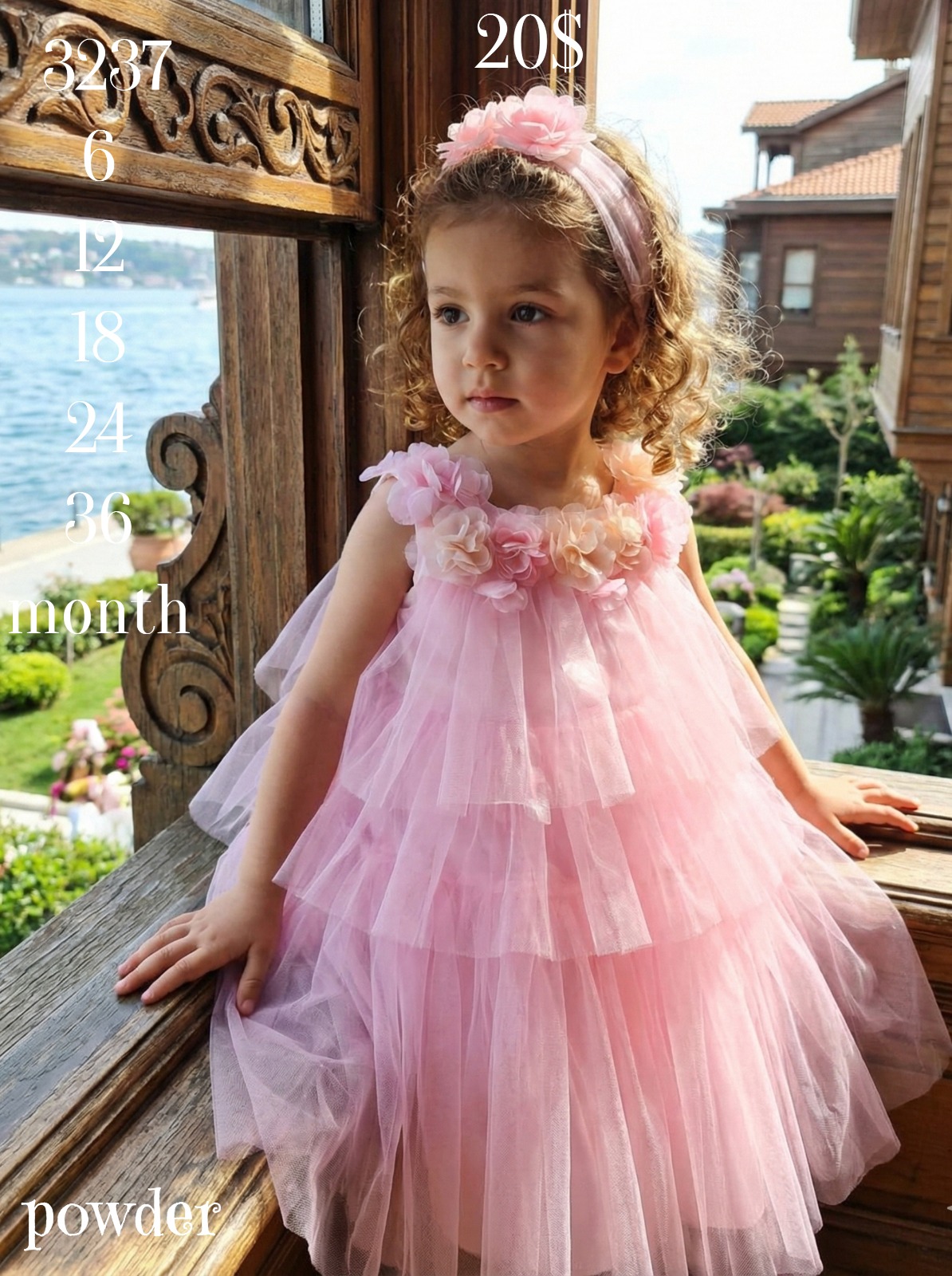 Liv Olivia Liv-3237 Tiered Tulle 3D Floral Powder Baby Dress · Pudra toptan Kız Çocuk