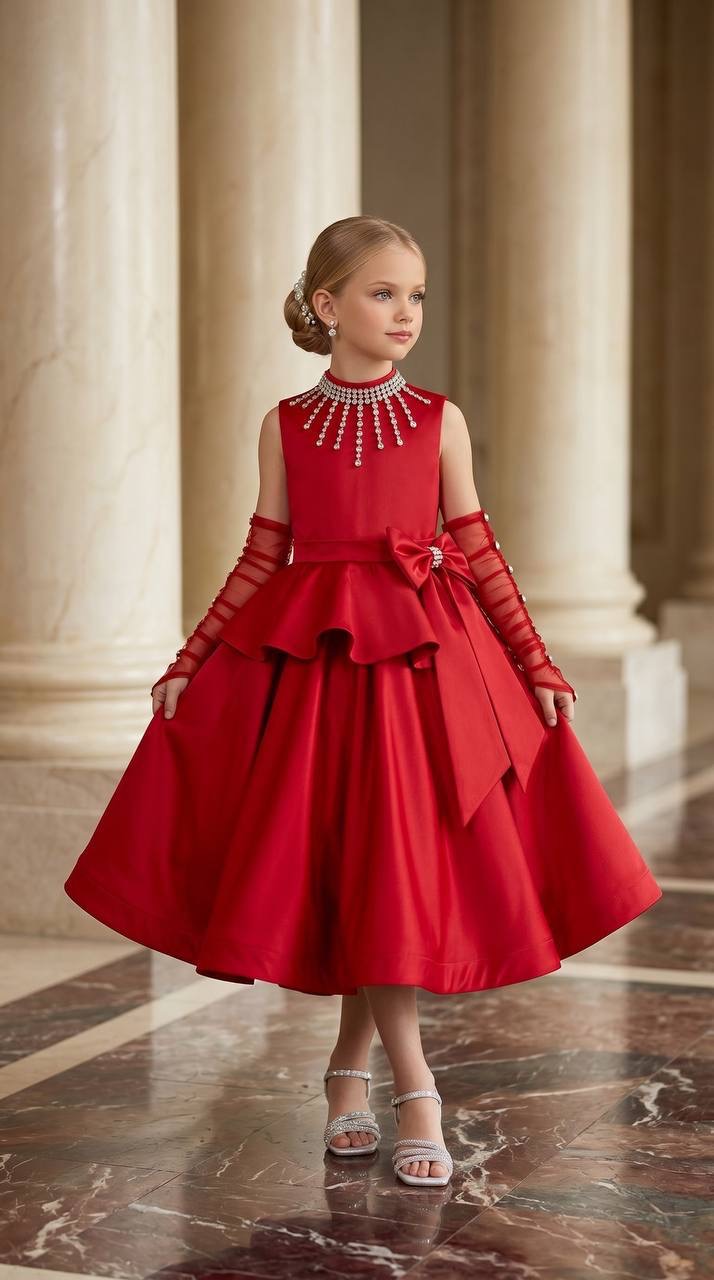 Kidy Love Bow-Detailed Evening Gown with a Beaded Collar · Bej toptan Kız Çocuk