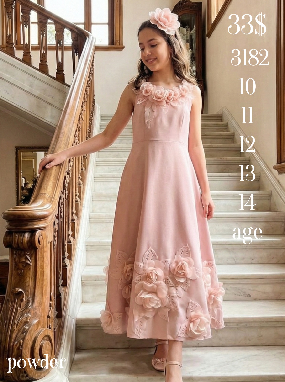 Liv Olivia Liv-3182 3D Floral Powder Long Girls Party Dress · Pudra toptan Kız Çocuk