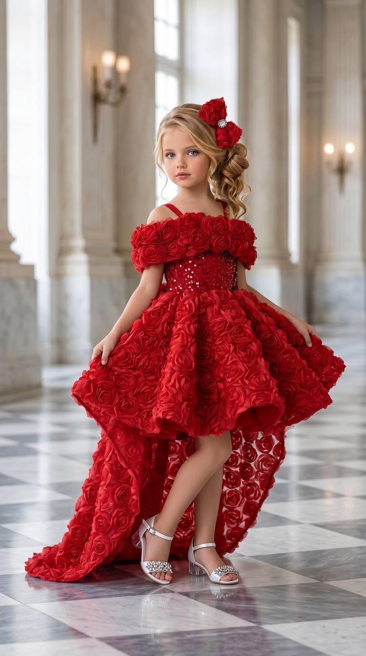 Kidy Love Rose-Patterned High-Low Formal Dress with a Bow · Bej toptan Kız Çocuk