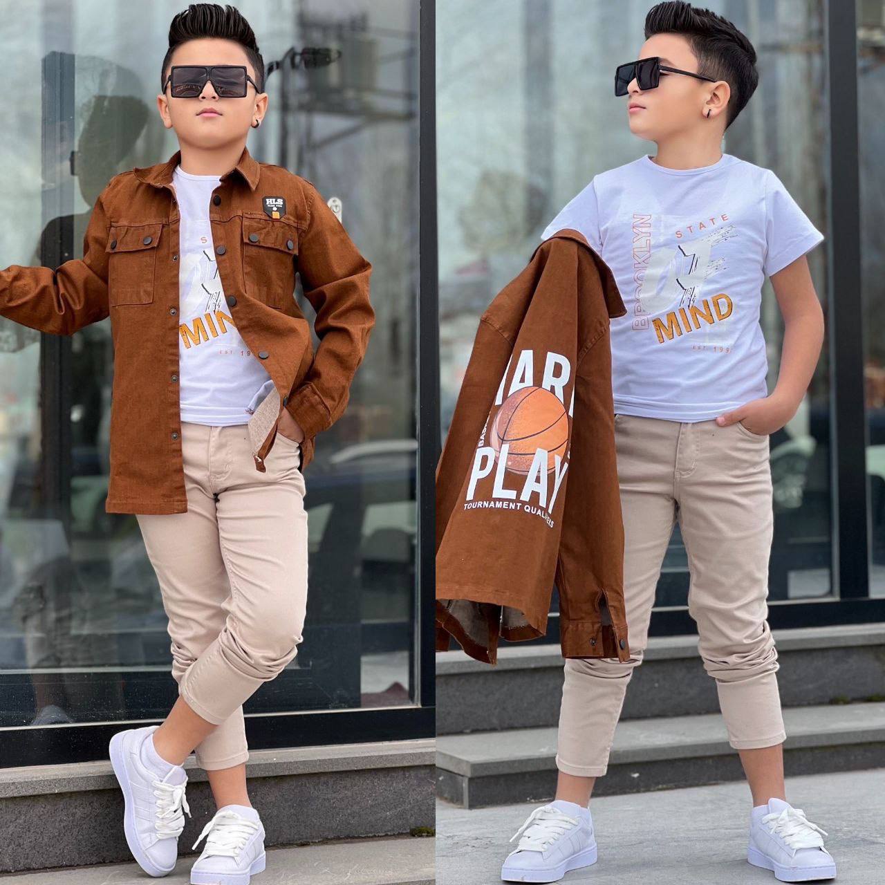 Vilda Kids Mustard Jacket & Casual Denim Outfit · Kahverengi toptan Erkek Çocuk