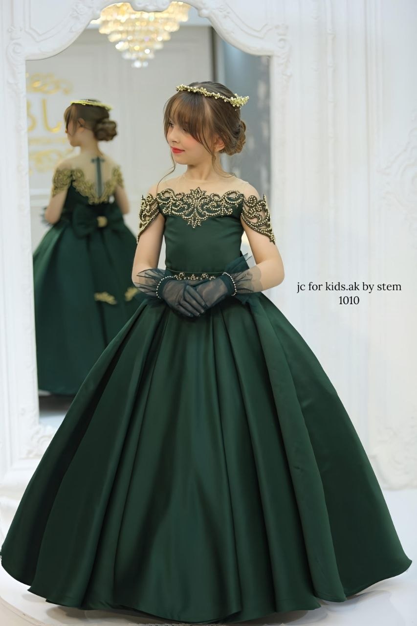 J&C Kids J&C 1010 , Exquisite Emerald Green Gown with Gold Embroidery · Yeşil toptan Kız Çocuk