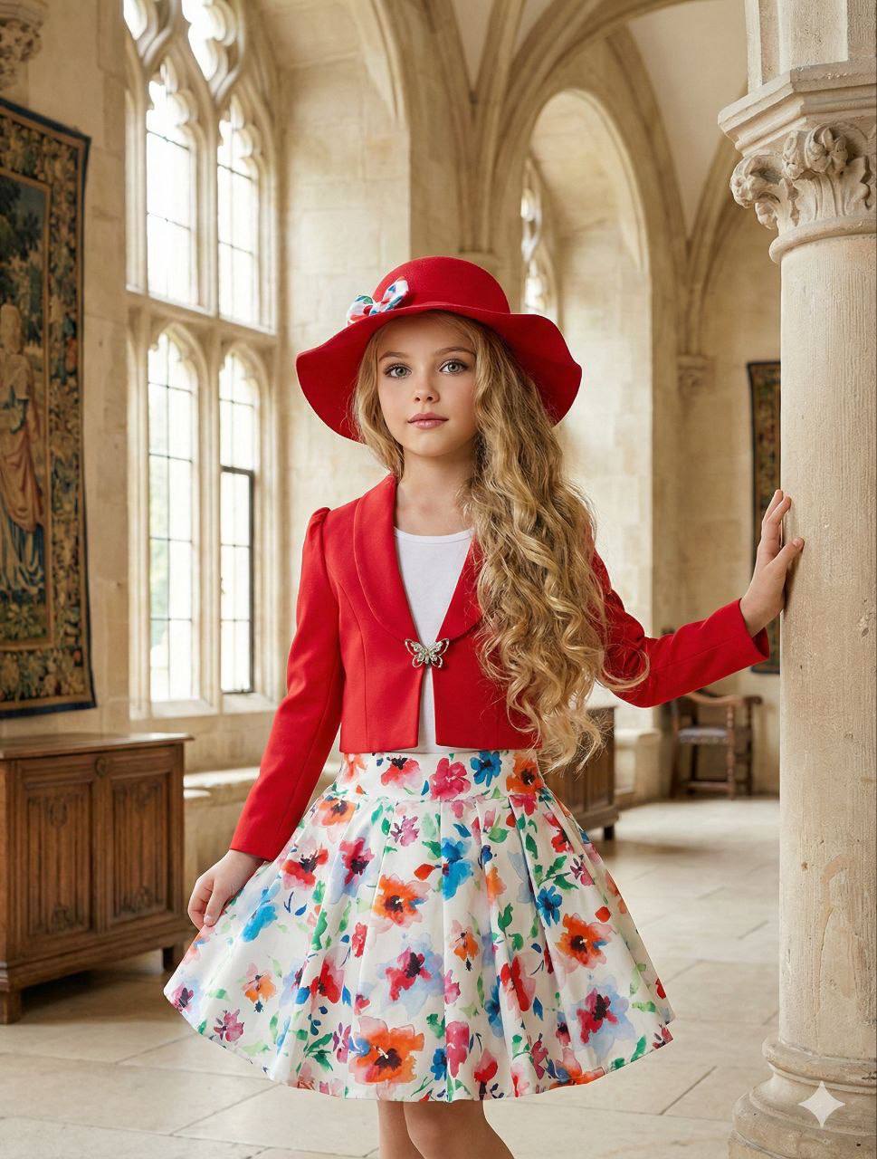Vilda Kids Blazer & Floral Skirt Outfit · Kırmızı toptan Kız Çocuk