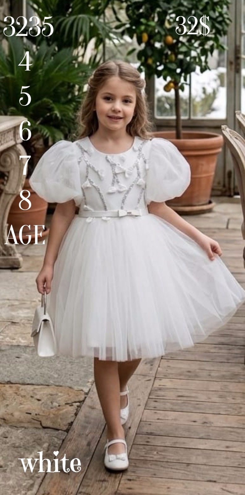 Liv Olivia Liv-3235 Puff Sleeve Embellished White Girls Party Dress · Beyaz toptan Kız Çocuk