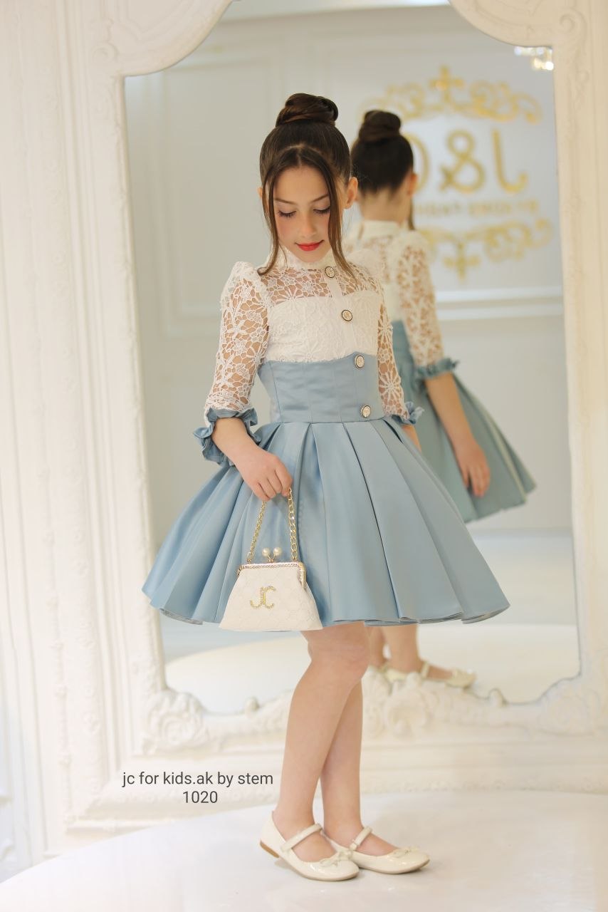 J&C Kids J&C-1020 Gauni la Kifahari la Bluu la Satin na Lace lenye Mkoba · Açık mavi toptan Kız Çocuk