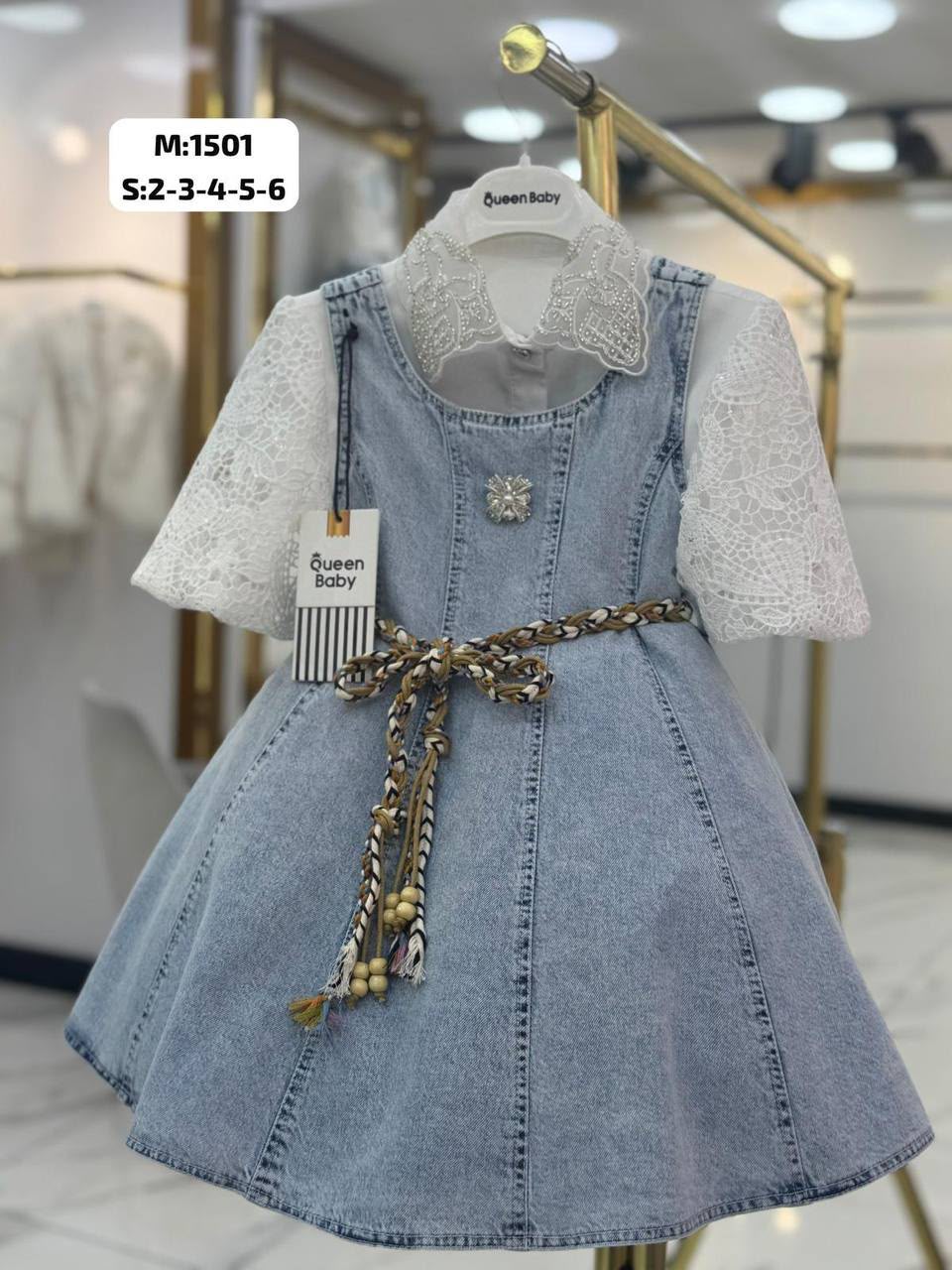Queen Baby Queen-1501 Denim Pinafore Dress with Lace Blouse · Açık mavi toptan Kız Çocuk