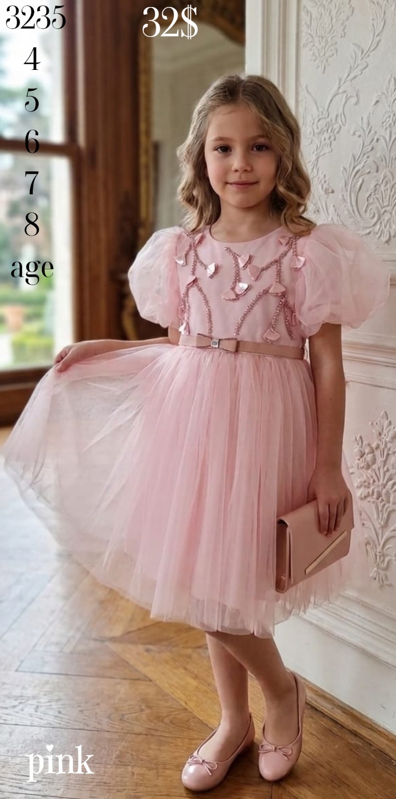 Liv Olivia Liv-3235 Puff Sleeve Embellished Pink Girls Party Dress · Pembe toptan Kız Çocuk