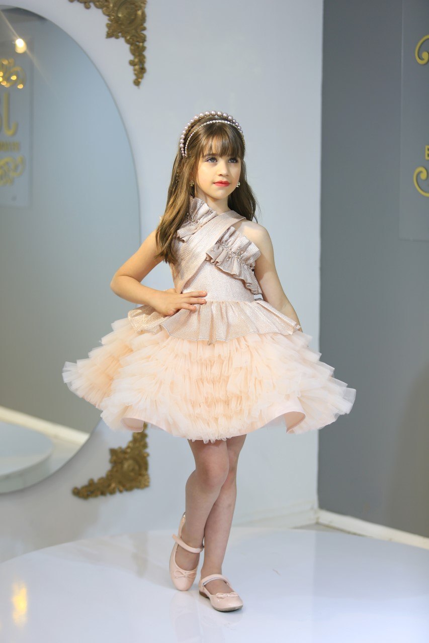 J&C Kids J&C - 419 Vestido de Fiesta Brillante Champagne con Tul Multicapa · Bej toptan Kız Çocuk