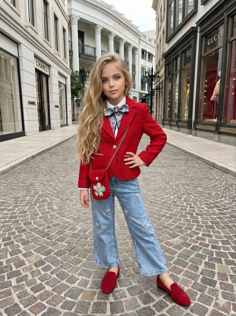 Vilda Kids Checked Jacket and Jeans Set · Kırmızı toptan Kız Çocuk