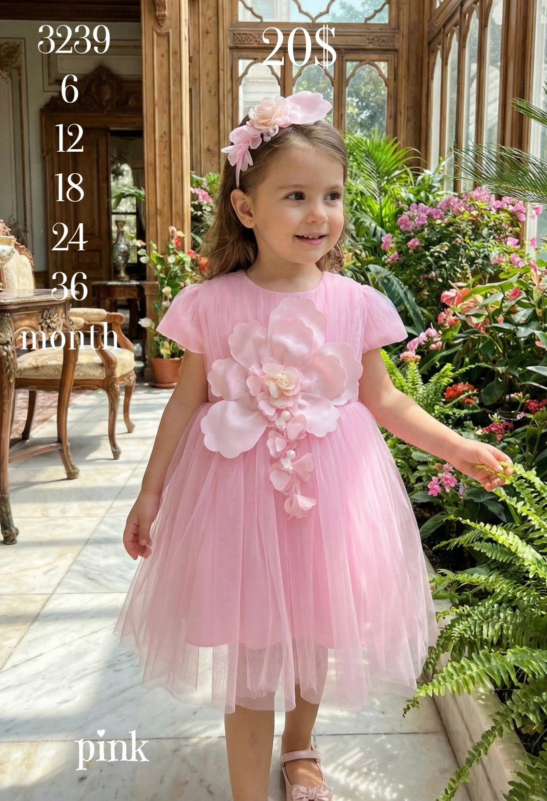 Liv Olivia Liv-3239 Statement 3D Floral Pink Baby Dress toptan Kız Çocuk