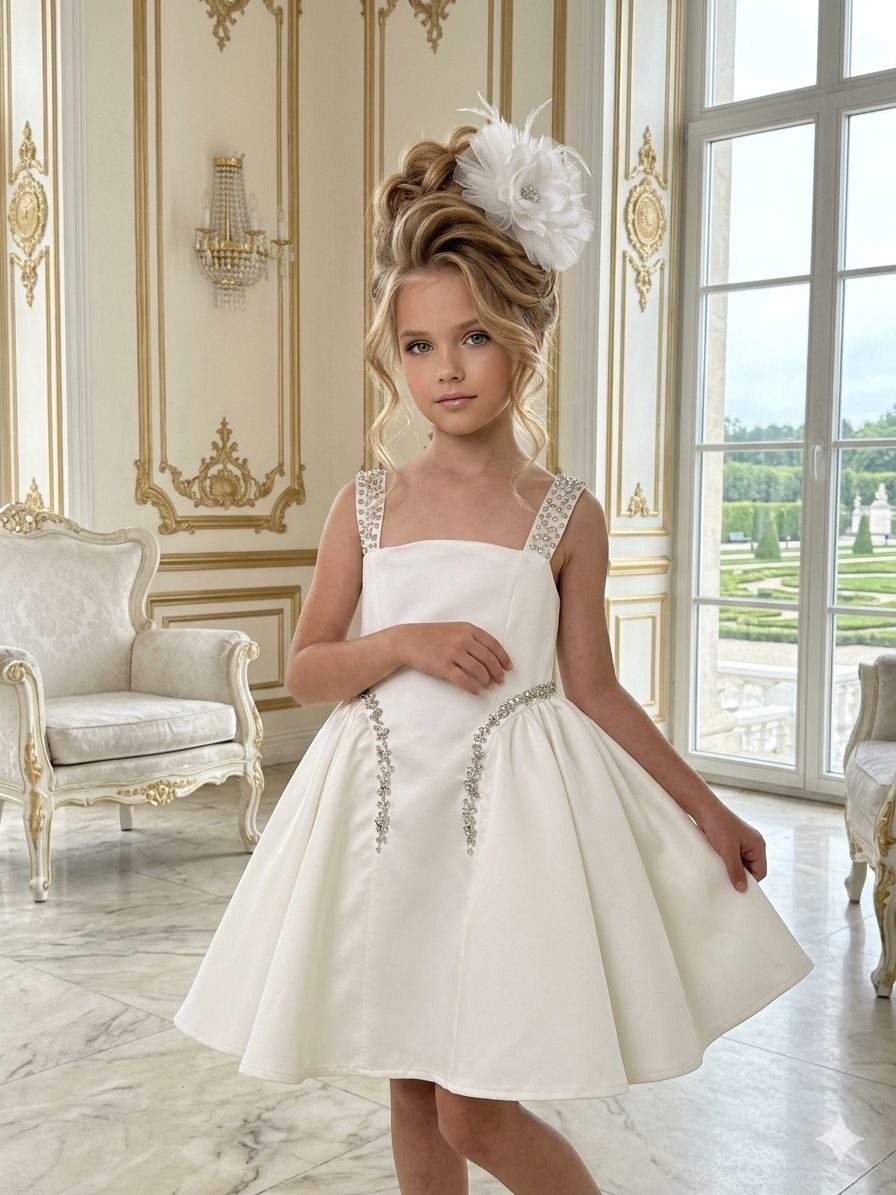 Vilda Kids French Style Evening Dress with Embellished Shoulders · Beyaz toptan Kız Çocuk
