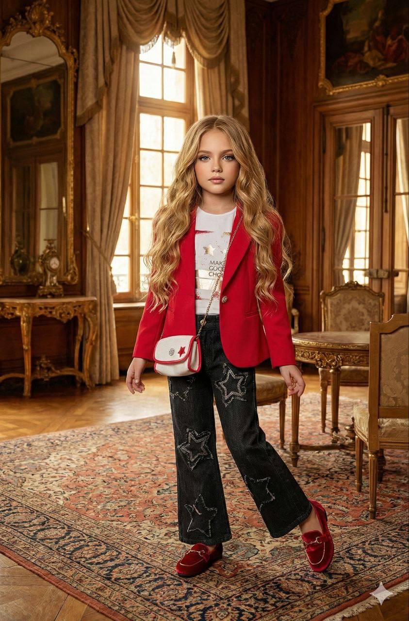 Vilda Kids Blazer & Star-Detail Jeans Outfit · Kırmızı toptan Kız Çocuk