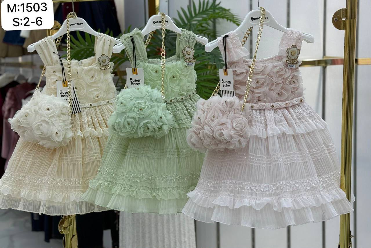 Queen Baby Queen-1503 Elegancka Tiulowa Sukienka z Różami 3D i Torebką · Pudra toptan Kız Çocuk