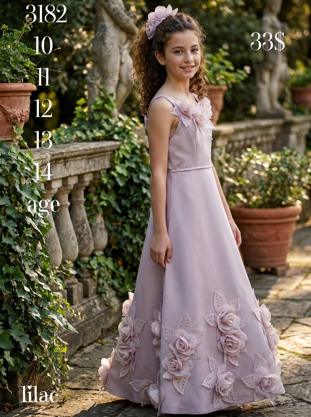 Liv Olivia Liv-3182 , White 3D Floral Special Occasion Dress for Girls · Lila toptan Kız Çocuk