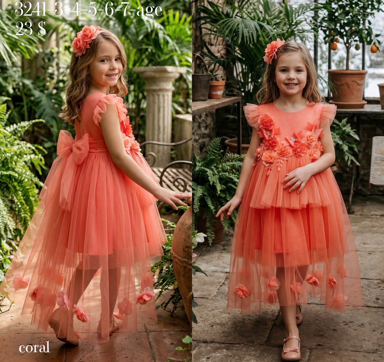 Liv Olivia Liv-3241 3D Floral Back Bow Coral Girls Dress · Mercan toptan Kız Çocuk