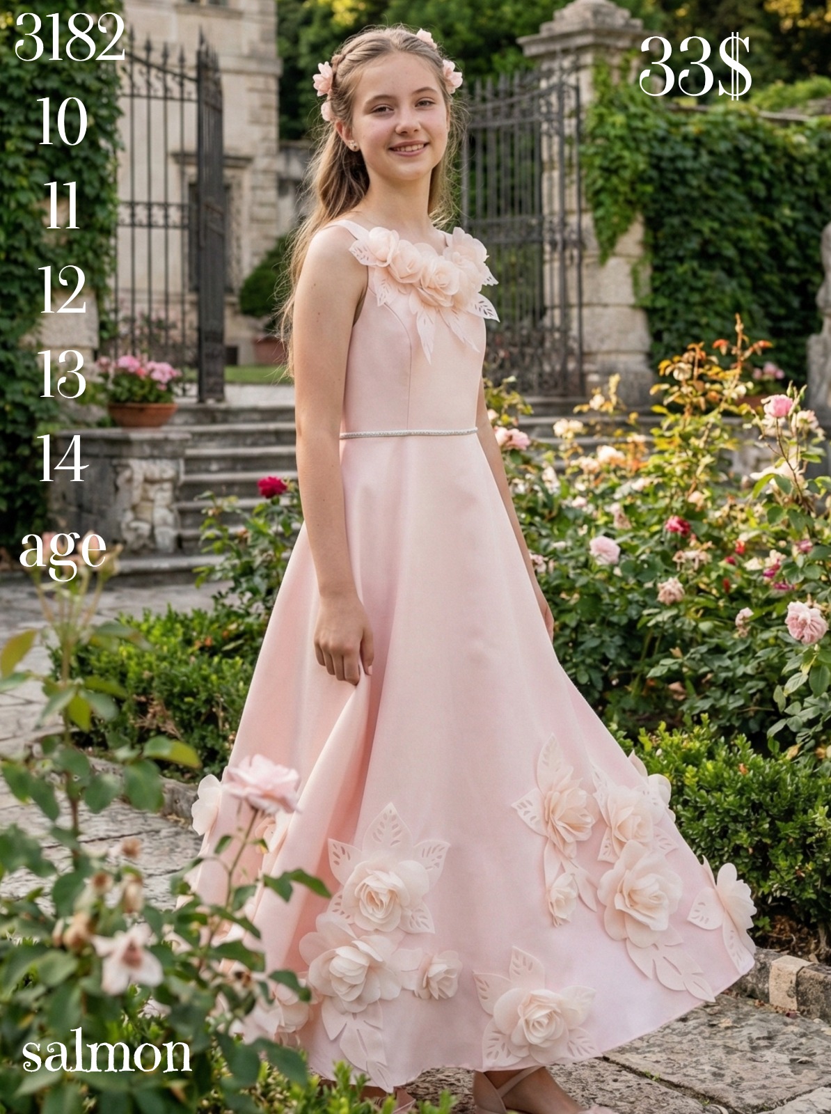 Liv Olivia Liv-3182 , Salmon Special Occasion Dress with Flowers for Girls · Somon toptan Kız Çocuk