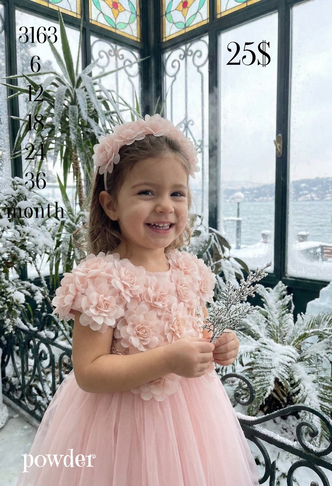 Liv Olivia Liv-3163, Baby Girl Powder Pink Tutu Dress with 3D Flowers · Pudra toptan Kız Çocuk