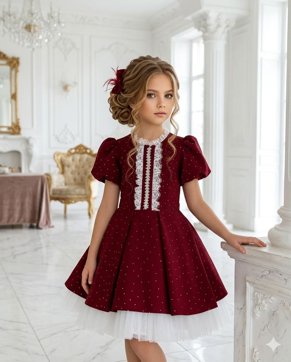 Vilda Kids Burgundy Polka-Dot Occasion Dress · Açık mavi toptan Kız Çocuk