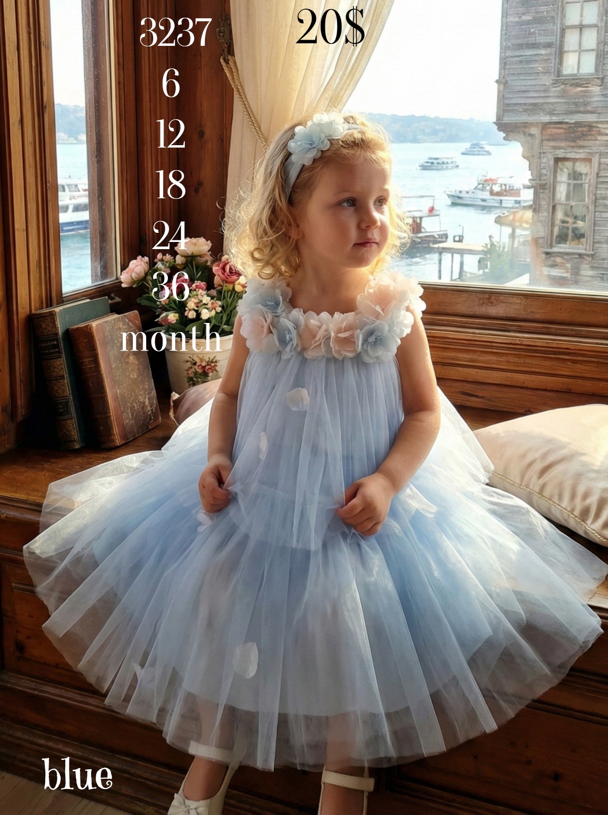 Liv Olivia Liv-3237 Tiered Tulle 3D Floral Blue Baby Dress · Açık mavi toptan Kız Çocuk