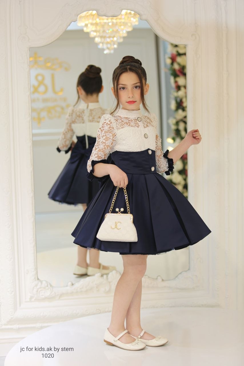 J&C Kids J&C-1020 שמלת סטן ותחרה אלגנטית בכחול נייבי עם תיק toptan Kız Çocuk