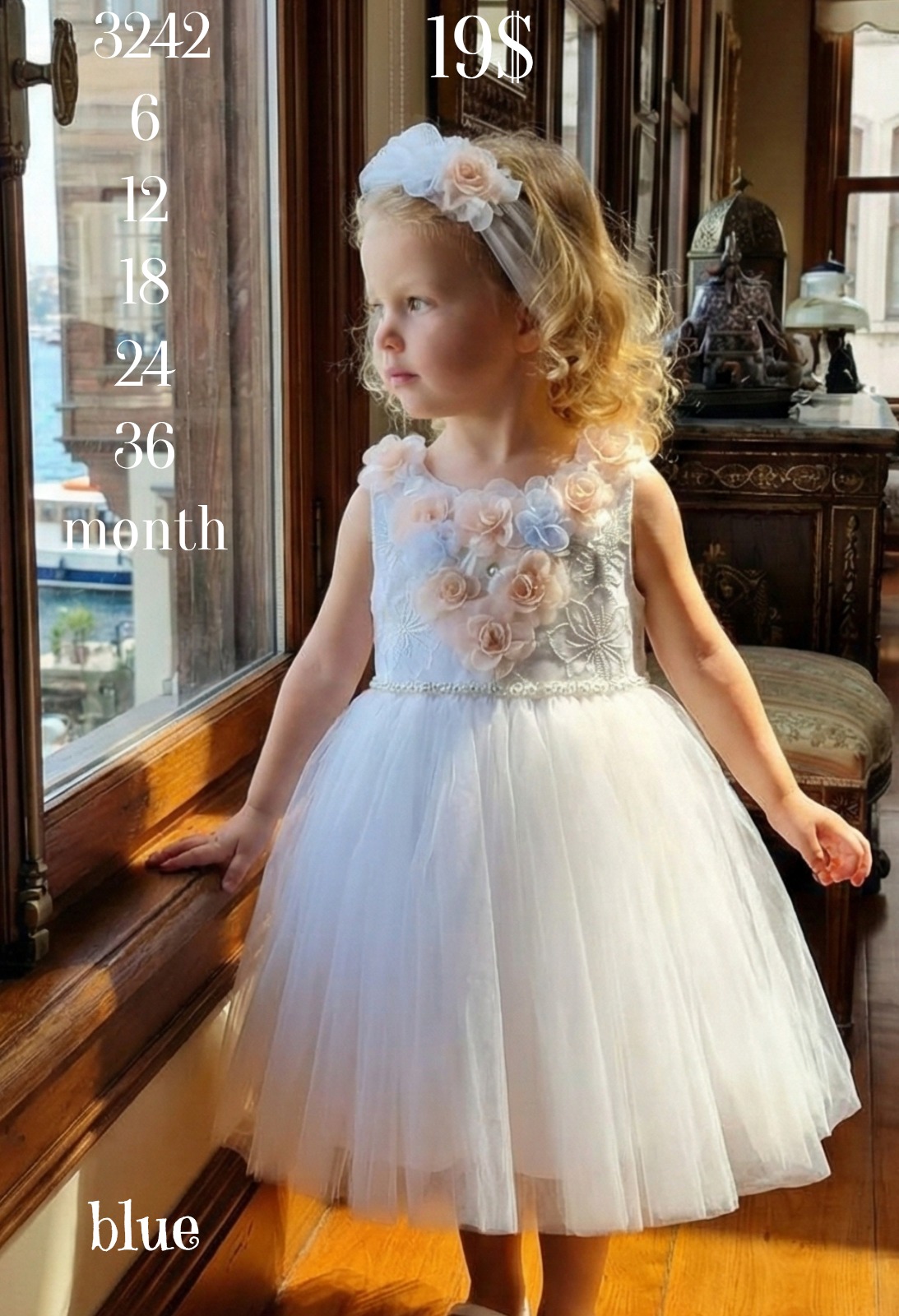 Liv Olivia Liv-3242 Embroidered Floral Pearl Blue Baby Dress · Açık mavi toptan Kız Çocuk
