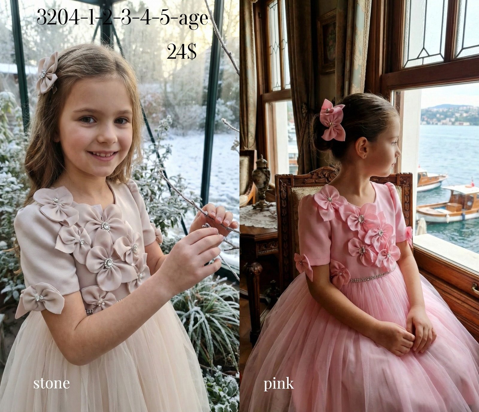 Liv Olivia Liv-3204 Rhinestone Bow Floral Girls Party Dress · Bej toptan Kız Çocuk