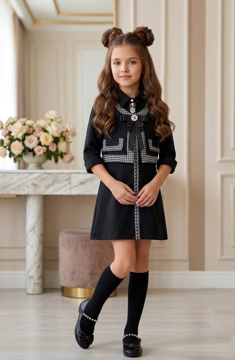 Bella Kids Houndstooth Detail Dress · Kırmızı toptan Kız Çocuk