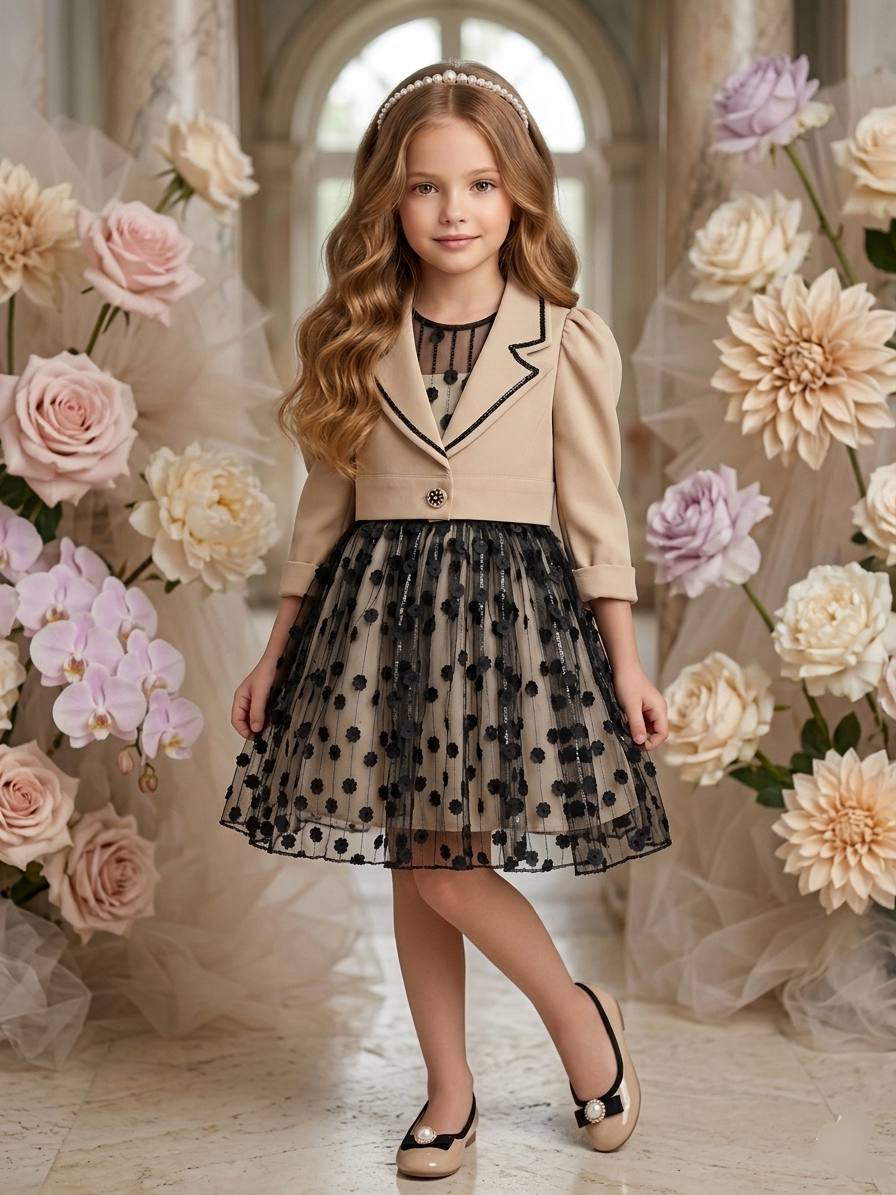 Bella Kids Blazer & Black Floral Tulle Dress · Bej toptan Kız Çocuk