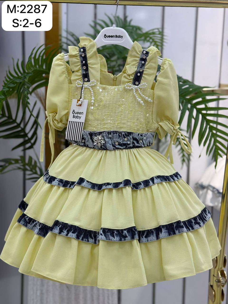 Queen Baby Queen-2287 Luxe Gele Feestjurk met Pailletten en Velours Accenten · Sarı toptan Kız Çocuk