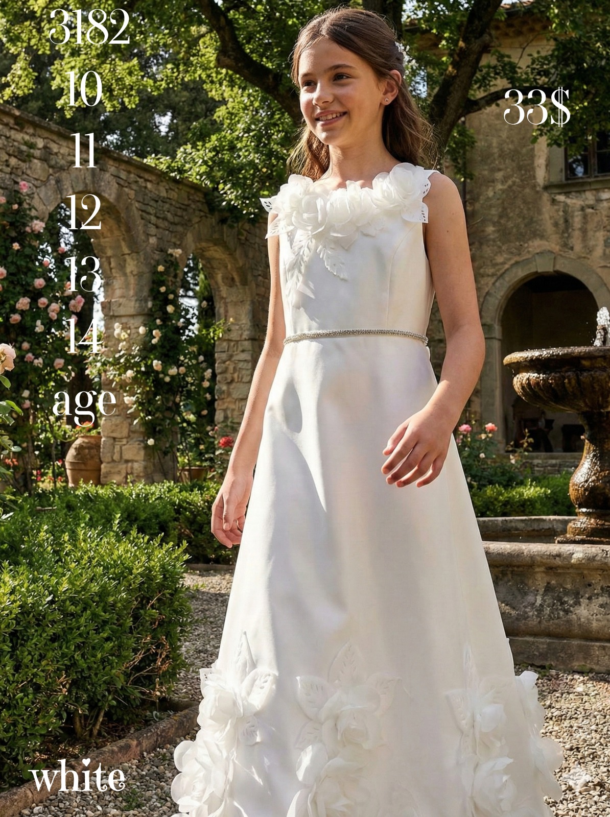 Liv Olivia Liv-3182 , White 3D Floral Special Occasion Dress for Girls · Beyaz toptan Kız Çocuk