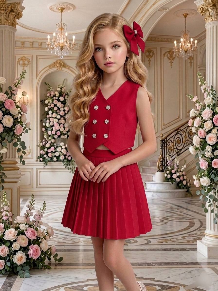 Bella Kids Vest & Pleated Skirt Set · Açık mavi toptan Kız Çocuk