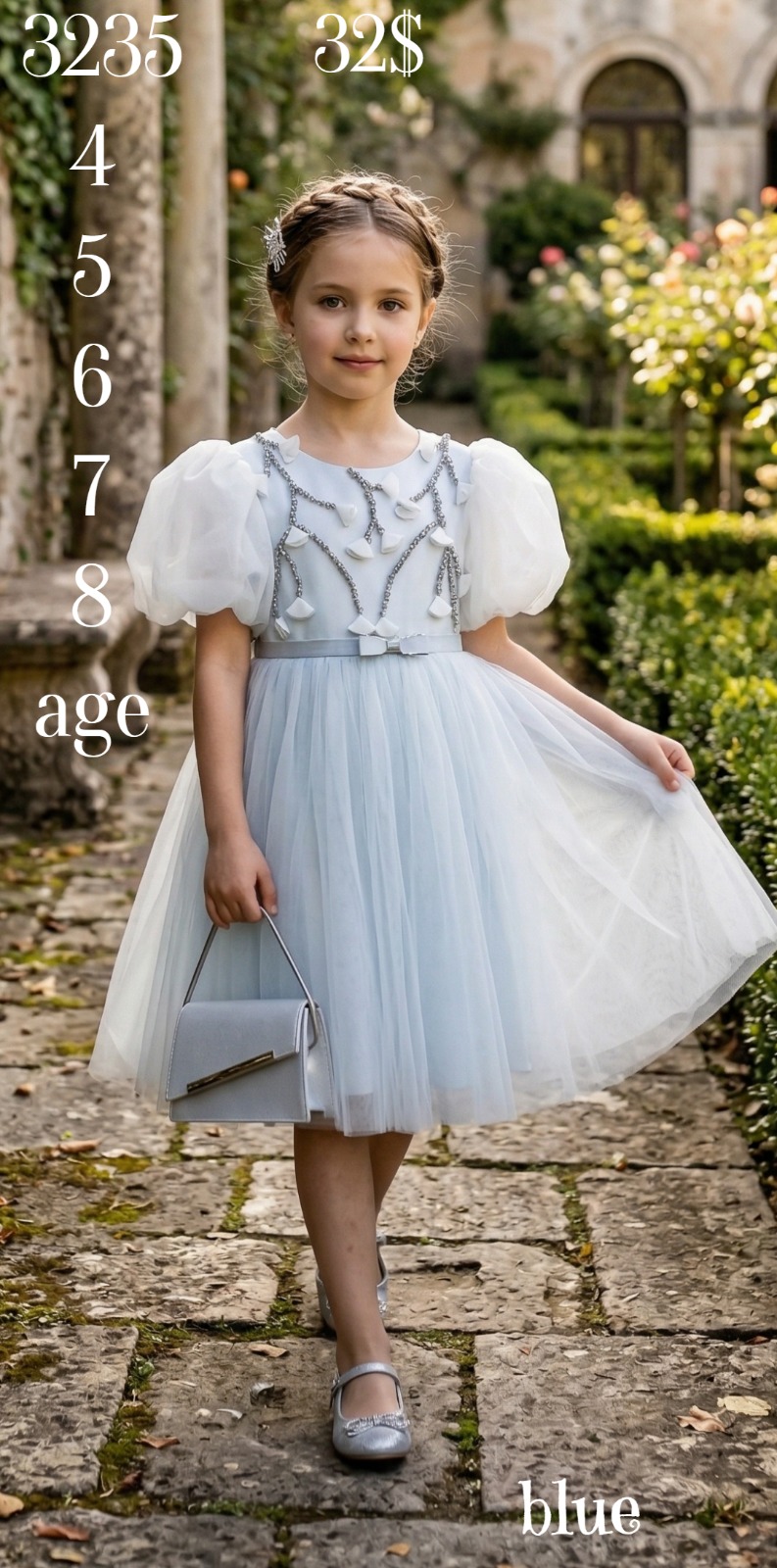 Liv Olivia Liv-3235 Puff Sleeve Embellished Blue Girls Party Dress · Açık mavi toptan Kız Çocuk