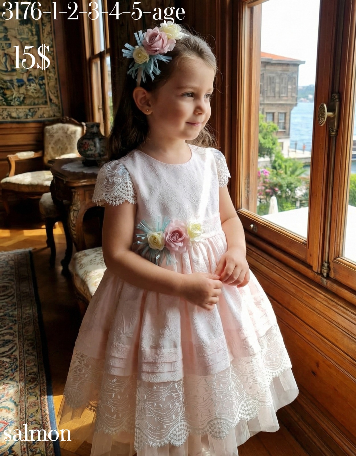 Liv Olivia Liv-3176 , Girls Floral Lace Dress in Salmon · Somon toptan Kız Çocuk